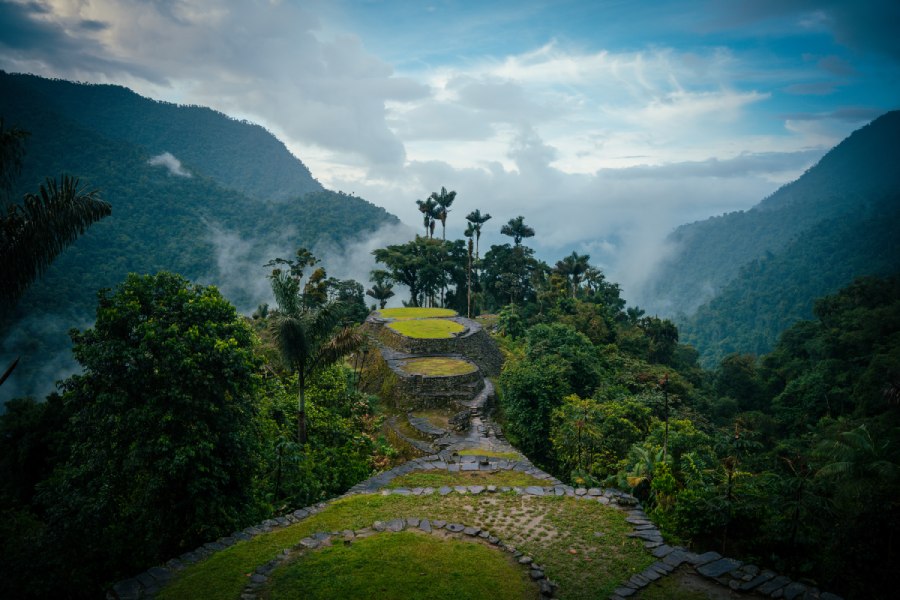 Terrazas de Ciudad Perdida:. Escalones que conformaron los cimientos de esta antigua civilización, con pasto y árboles rodeando las terrazas. De fondo se observa la Sierra Nevada de Santa Marta.